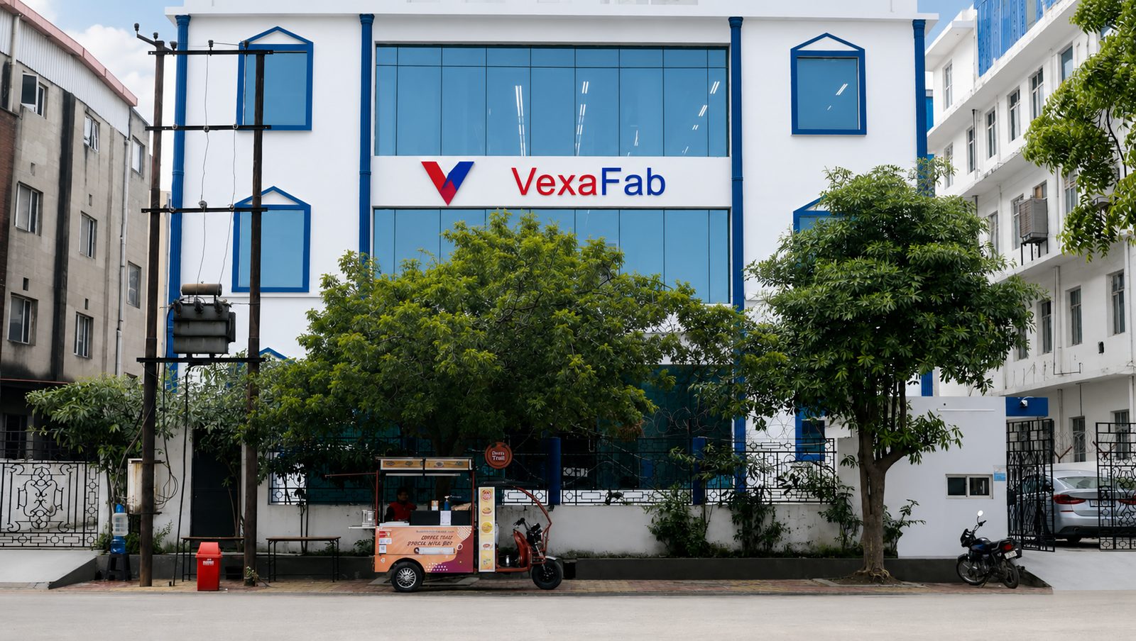 VexaFab factory exterior with brand signage