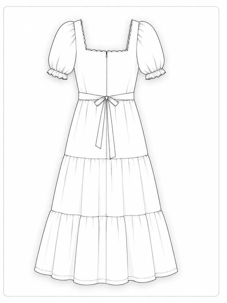 Back technical sketch of tiered midi dress with invisible zipper and waist tie