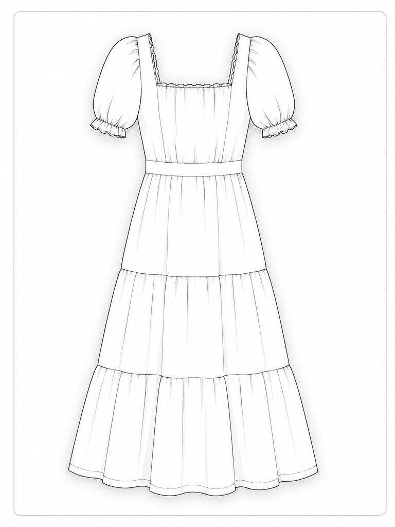 Front technical sketch of tiered midi dress